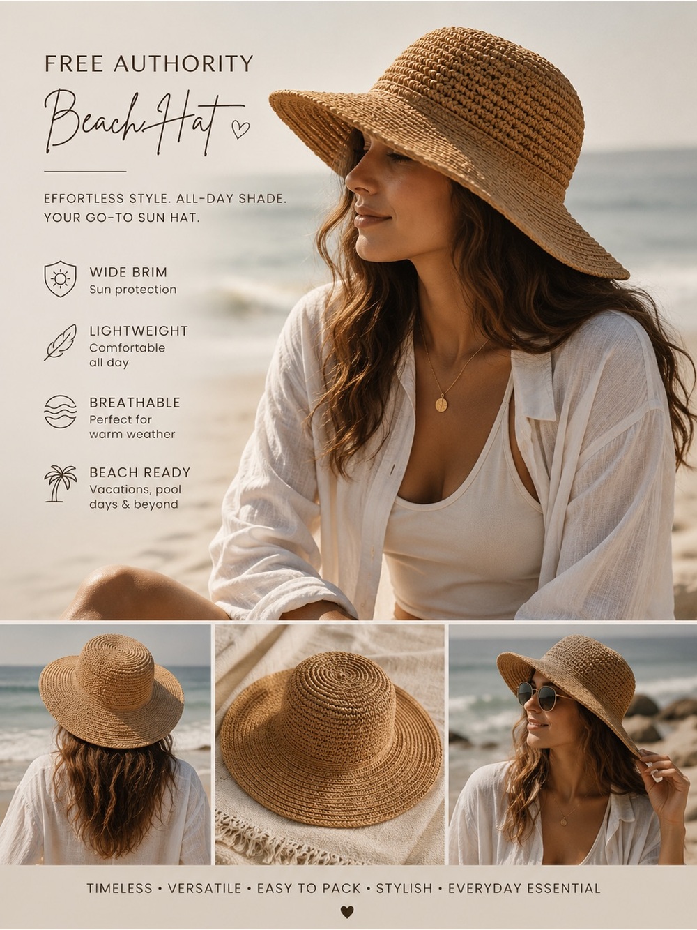 Free Authority Beach Hat
Tan rattan wide brim breathable sun protection beach